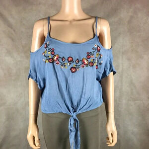 POLLY & ESTHER Blue Embroidered Cold-Shoulder Cropped Tank NWT M